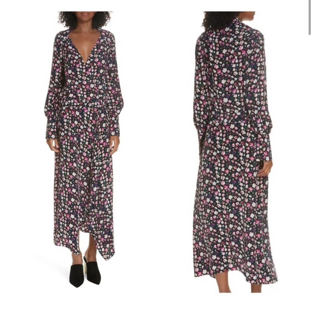 Equipment Neema floral faux wrap midi dress black pink red long sleeve